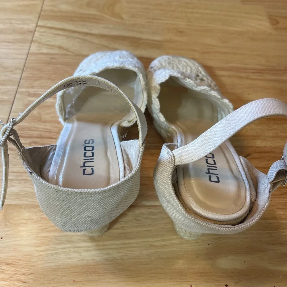 Chicos Womens Crochet Espadrille Wedge Sandals Cream Ankle Strap Size 10